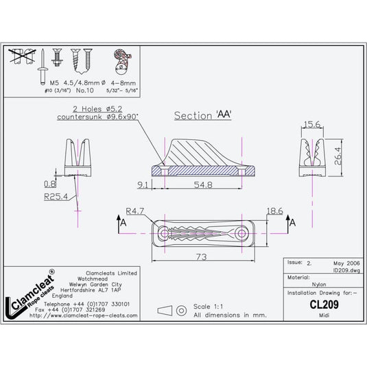 ClamCleat® Nylon Noir ø4 à 8mm, taquet en nylon résistant aux UV pour verrouillage rapide des cordages, idéal pour dériveurs et kayaks.