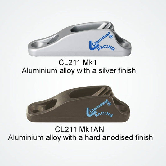 ClamCleat® Alu Junior Racing Mk1 ø3 à 6mm, idéal pour voiliers et kayaks, avec guide-câble intégré et base adaptable, essentiel pour réglages précis.