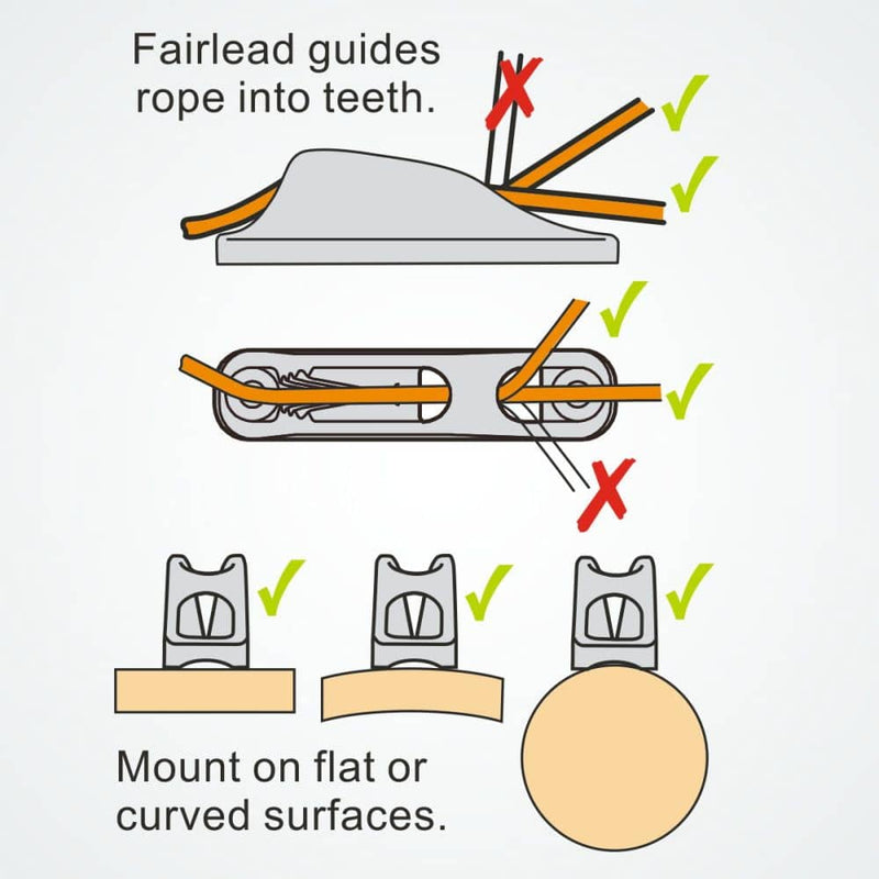 Load image into Gallery viewer, ClamCleat® Alu Junior Racing Mk1 ø3 à 6mm, dispositif d&#39;accastillage pour voiliers, compatible surfaces courbes et planes, guide-câble intégré pour espars et réglages précis.
