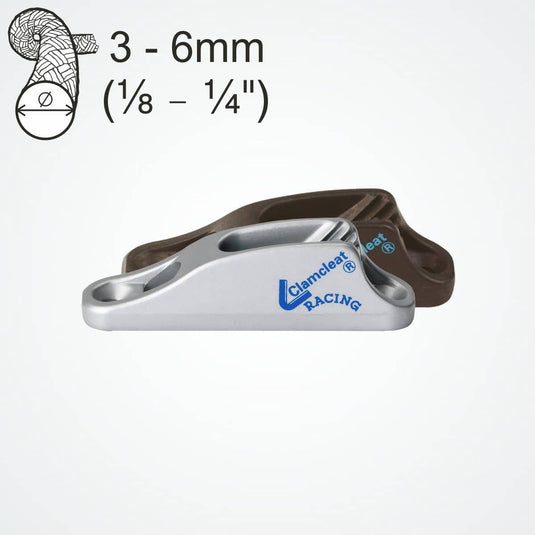 ClamCleat® Alu Junior Racing Mk1 ø3 à 6mm pour voiliers, dériveurs et kayaks, avec guide-câble intégré, adaptable sur surfaces courbes et planes.