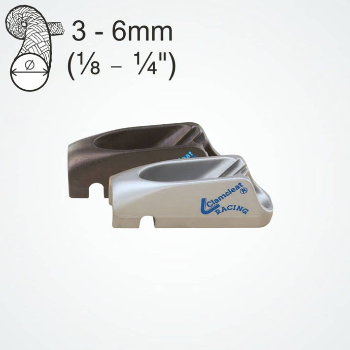 Clam-Cleat Alu Junior CL211-S2 avec ringot, idéal pour mâts d'Optimist et drisses de dériveurs, offrant une démultiplication 2:1 sans fixation supplémentaire.