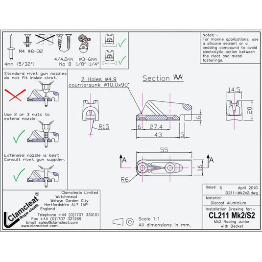 Clam-Cleat Alu Junior CL211-S2 avec ringot, idéal pour mâts d'Optimist, permettant une démultiplication 2:1, disponible en finitions argentée ou anodisée noire.