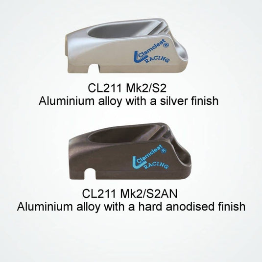 Clam-Cleat Alu Junior CL211-S2 avec ringot, idéal pour mâts d'Optimist et gréement de Lazy Jacks, offrant démultiplication 2:1 sans fixation supplémentaire.