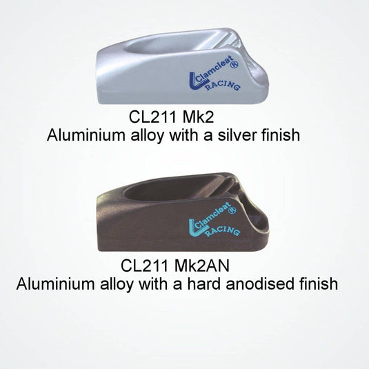 ClamCleat® Alu Junior Racing Mk2 en alliage compact, idéal pour dériveurs et kayaks, avec guide-câble pour surfaces courbes et planes, adapté pour cordages ø3 à 6mm.