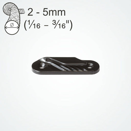 ClamCleat® Nylon Latéral Babord ø2 à 5mm fixé sur une surface plane, idéal pour dériveurs et kayaks, en nylon noir marin pour usage extérieur.