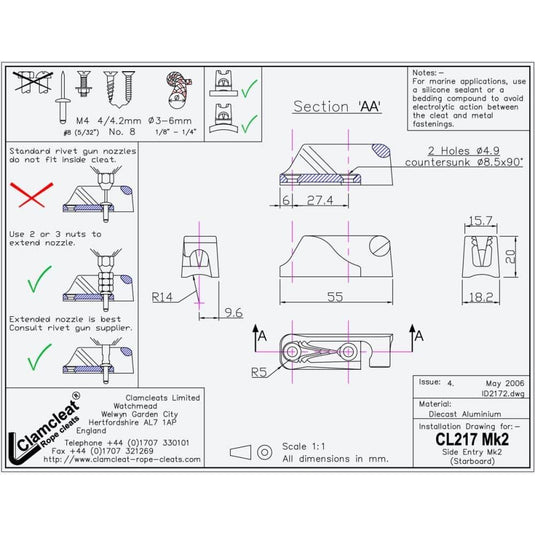 ClamCleat® Alu Ouvert Tribord court ø3 à 6mm avec guide-câble latéral, idéal pour filets de sport, facilite l'étarquement et le choquage des cordages.