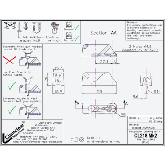 ClamCleat® Alu Ouvert Babord court ø3 à 6mm, guide-câble latéral pour fixer et retirer facilement les lignes, idéal pour dériveurs et catamarans.
