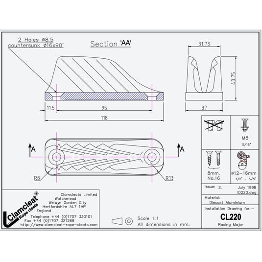ClamCleat® Alu Ouvert Racing Major ø12 à 16mm, conçu pour un verrouillage rapide et sécurisé, en aluminium léger et durable, idéal pour voile légère.