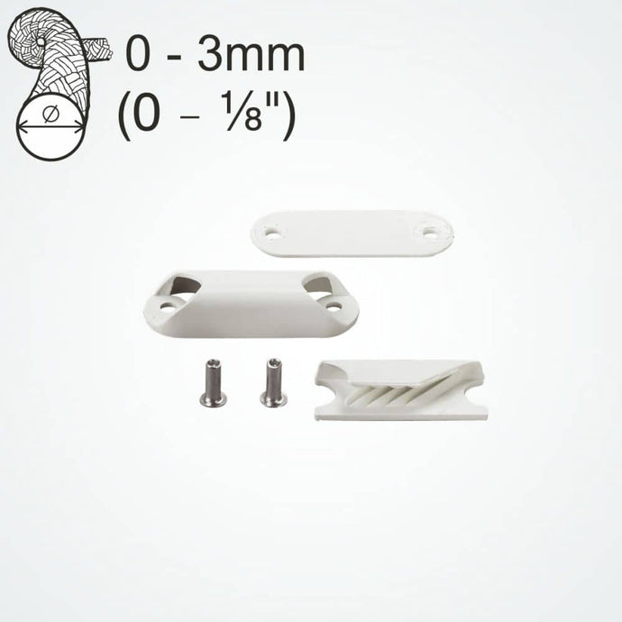 ClamCleat® Nerf de Chute Voile ø1 à 3mm, taquet compact en nylon blanc avec plaque arrière et rivets, idéal pour ajuster les bosses de dériveur.