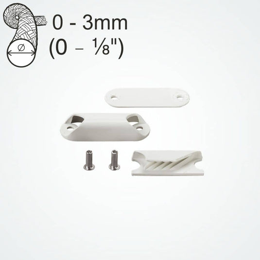 ClamCleat® Nerf de Chute Voile ø1 à 3mm, taquet compact en nylon blanc avec plaque arrière et rivets, idéal pour ajuster les bosses de dériveur.