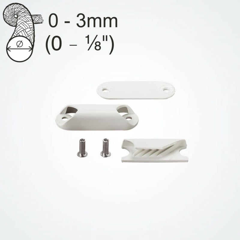 Chargez l&#39;image dans la visionneuse de la galerie, ClamCleat® Nerf de Chute Voile ø1 à 3mm, taquet compact en nylon blanc avec plaque arrière et rivets, idéal pour ajuster les bosses de dériveur.
