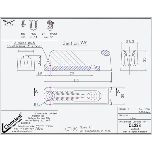 ClamCleat® Nylon Noir Vertical ø6 à 12mm avec guide-câble intégré, idéal pour applications marines. Résistant aux intempéries et à la corrosion, parfait pour voile légère.