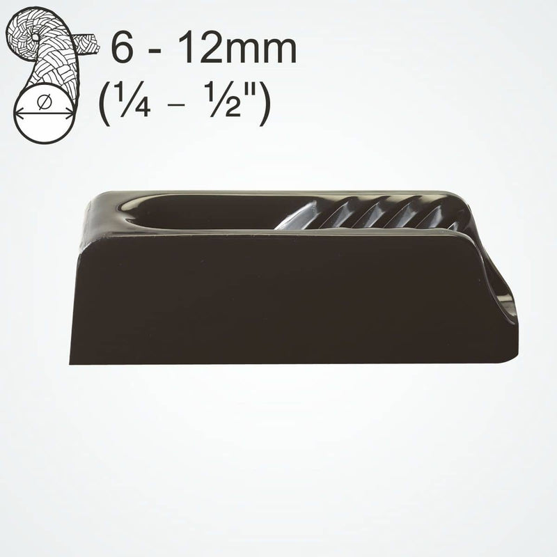 Chargez l'image dans la visionneuse de la galerie, Taquet ClamCleat® Nylon Noir Vertical ø6 à 12mm avec guide-câble intégré pour applications marines, résistant aux intempéries, idéal pour dériveurs et catamarans.
