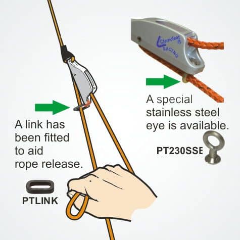 ClamCleat® Alu Junior Racing Mk1 avec Réa bas, idéal pour dériveurs et yachts, permet insertion facile des cordages sous le pont, finition émaillée ou anodisée.
