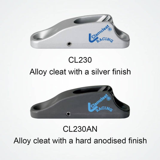 ClamCleat® Alu Junior Racing Mk1 avec Réa bas ø3 à 6mm, idéal pour applications sous le pont, disponible en finitions émaillée argentée ou anodisée dure.