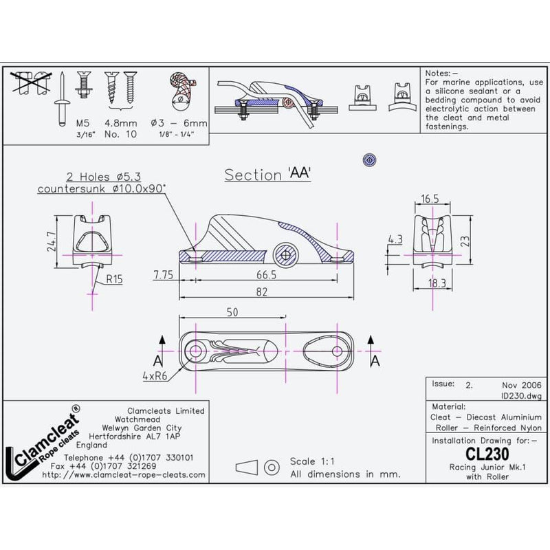 Chargez l&#39;image dans la visionneuse de la galerie, ClamCleat® Alu Junior Racing Mk1 avec Réa bas ø3 à 6mm, idéal pour fixer des cordages sous le pont ou dans le mât, disponible en finitions émaillée ou anodisée.
