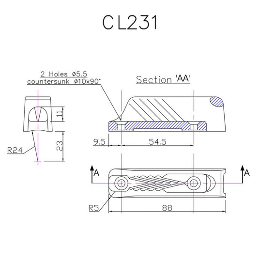 ClamCleat® Nylon Noir Midi ø4 à 8mm, taquet compact avec guide-câble intégré, idéal pour dériveurs et catamarans, fixation sur surfaces planes ou courbes.