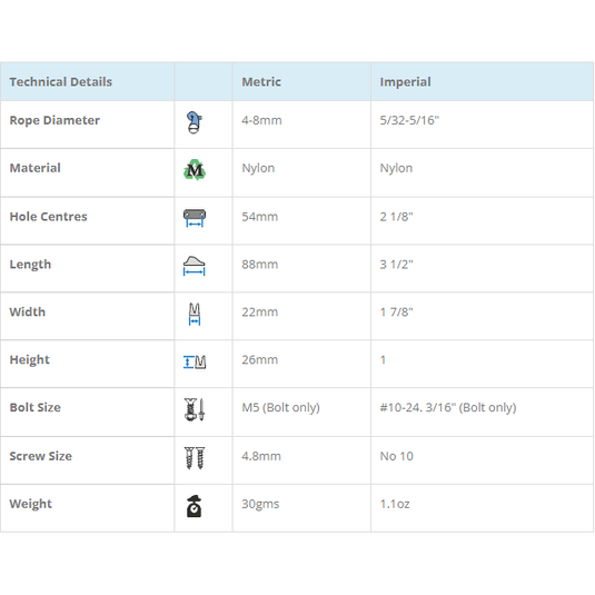 ClamCleat® Nylon Noir Midi ø4 à 8mm, taquet compact en nylon avec guide-câble intégré pour cordage, fixable sur surfaces planes ou courbes.