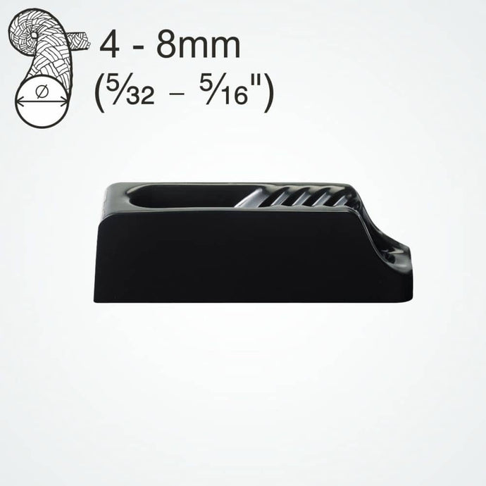 ClamCleat® Nylon Noir Midi ø4 à 8mm, taquet compact en nylon avec guide-câble intégré, adapté pour fixation sur surfaces planes ou courbes.