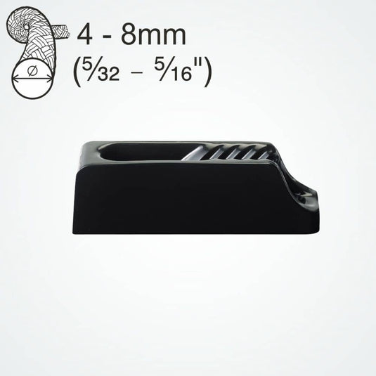 ClamCleat® Nylon Noir Midi ø4 à 8mm, taquet compact en nylon avec guide-câble intégré, adapté pour fixation sur surfaces planes ou courbes.