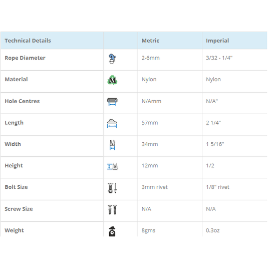ClamCleat® Nerf de Chute Voile ø2 à 6mm, profil bas et lisse, idéal pour fixer sur voiles, tendant cordages efficacement.