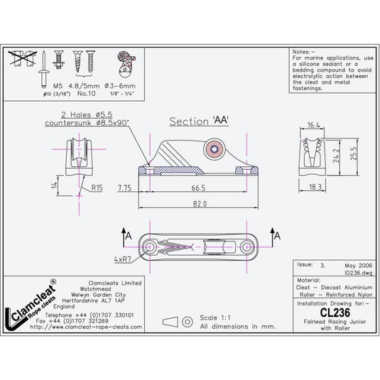 ClamCleat® Alu Junior Racing Mk1 avec Réa haut, diagramme technique montrant le mécanisme pour cordages ø3 à 6mm, idéal pour réglages voile légère.