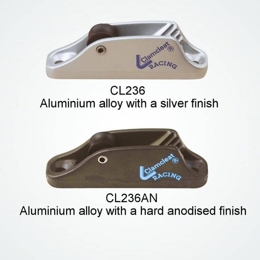 ClamCleat® Alu Junior Racing Mk1 avec Réa haut, idéal pour voiles d'ombrage, visible en gros plan avec des détails en métal, adapté au nautisme.