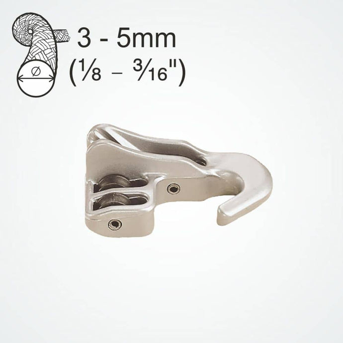 Clam-Cleat Palan Alu 3 réas, conçu pour l'accroche à l'œillet de voile, offrant un avantage mécanique pour ajuster la tension des voiles de planches et chars à voile.