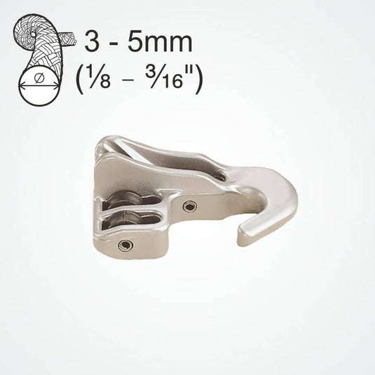 Clam-Cleat Palan Alu 3 réas, conçu pour l'accroche à l'œillet de voile, offrant un avantage mécanique pour ajuster la tension des voiles de planches et chars à voile.