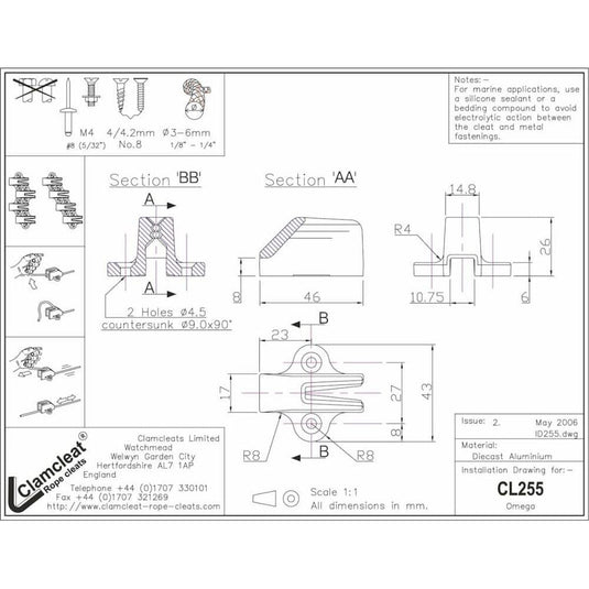 ClamCleat® Alu Inversé Omega ø3 à 6mm pour voile légère, avec dents surélevées facilitant l'agrippage et le relâchement automatique du cordage, idéal sous pont/mât.