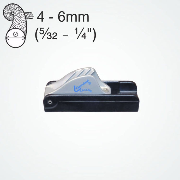 ClamCleat® Mini Racing à Bascule ø4 à 6mm, taquet automatique pour safrans, réglable, idéal pour voiliers légers, facilite le réarmement rapide après déclenchement.
