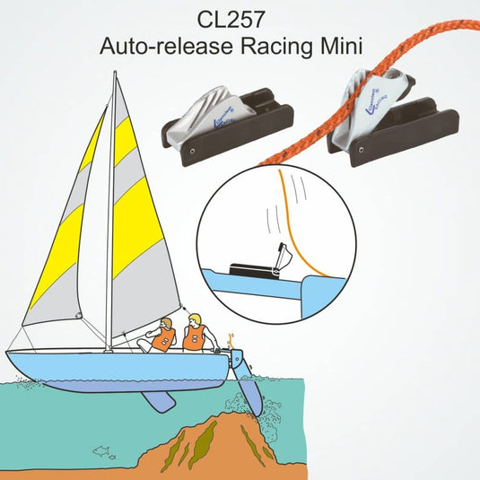 ClamCleat® Mini Racing à Bascule ø4 à 6mm, taquet à déclenchement automatique pour maintenir et libérer les cordages des safrans, idéal pour voile légère.