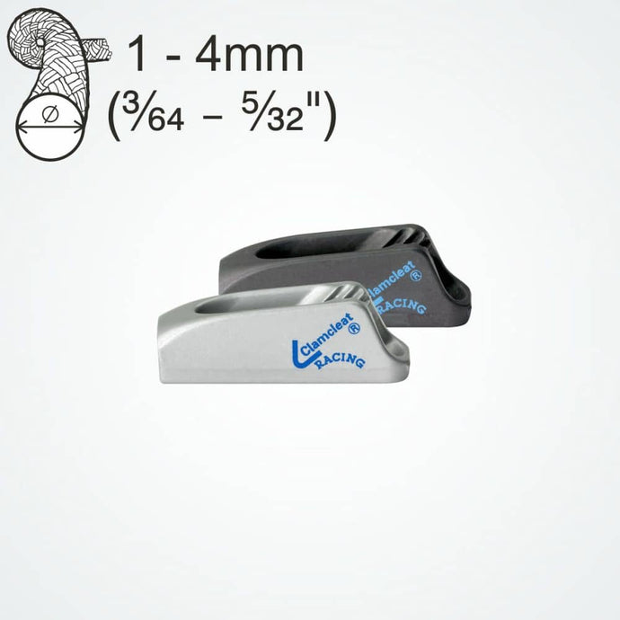 ClamCleat® Alu Micro Racing ø1 à 4mm, taquet léger avec guide-câble, idéal pour canoës, dériveurs et kitesurf, utilisant une technologie avancée de denture pour cordages divers.