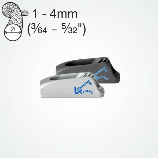 ClamCleat® Alu Micro Racing ø1 à 4mm, taquet léger avec guide-câble, idéal pour canoës, dériveurs et kitesurf, utilisant une technologie avancée de denture pour cordages divers.