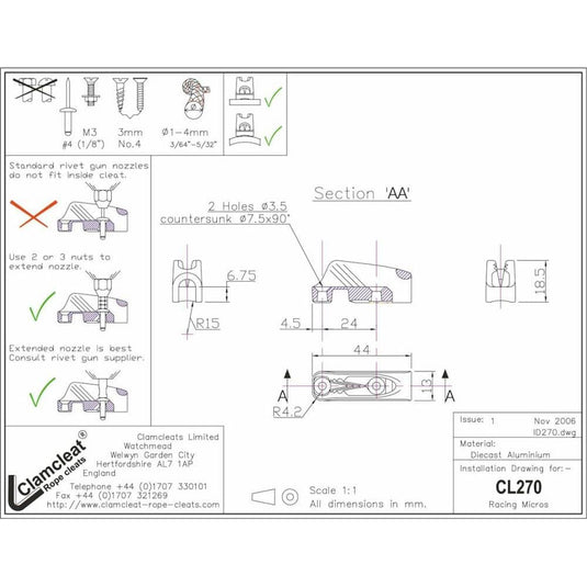 ClamCleat® Alu Micro Racing à ringot ø1 à 4mm, conçu pour le gréement léger, guide le cordage dans les dents, remplaçant les poulies sur les barres de Laser.