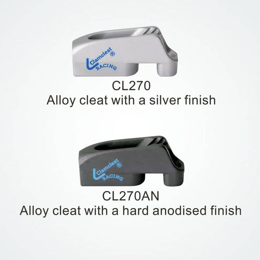 ClamCleat® Alu Micro Racing à ringot, idéal pour le gréement léger, maintient le cordage sous le taquet sans fixation supplémentaire, compatible cordages ø1 à 4mm.