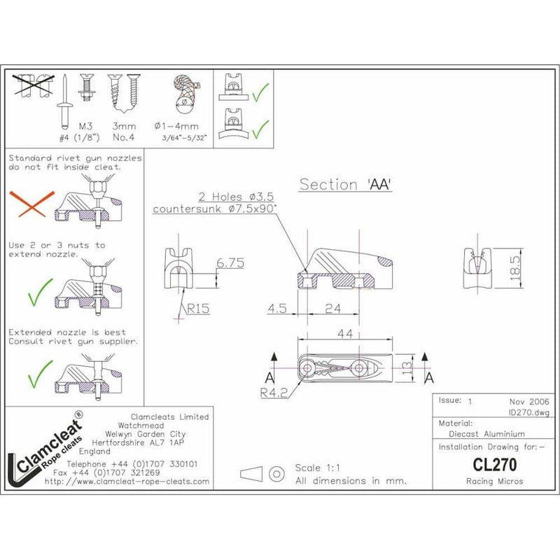 Chargez l&#39;image dans la visionneuse de la galerie, ClamCleat® Alu Micro Racing à ringot ø1 à 4mm, conçu pour le gréement léger, guide le cordage dans les dents, remplaçant les poulies sur les barres de Laser.
