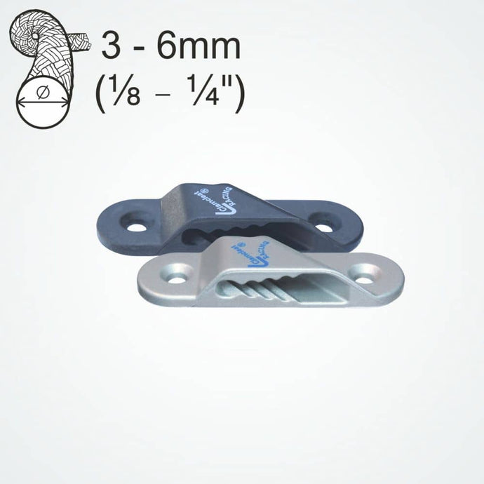 ClamCleat® Nerf de Chute Voile Alu Tribord ø3 à 6mm, taquet en aluminium robuste, idéal pour tension de voiles et trampolines, avec guide-corde intégré.