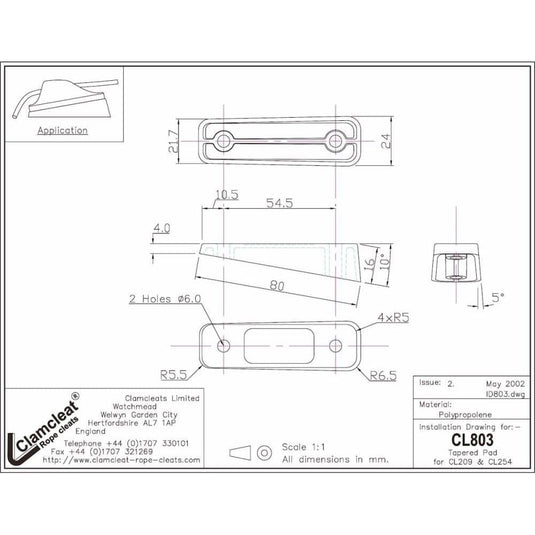 Cale Inclinée Clam-Cleat® Midi CL209 pour alignement angulaire sous taquets, idéale pour dériveurs et catamarans, compatible avec CL209, CL254, CL254AN.