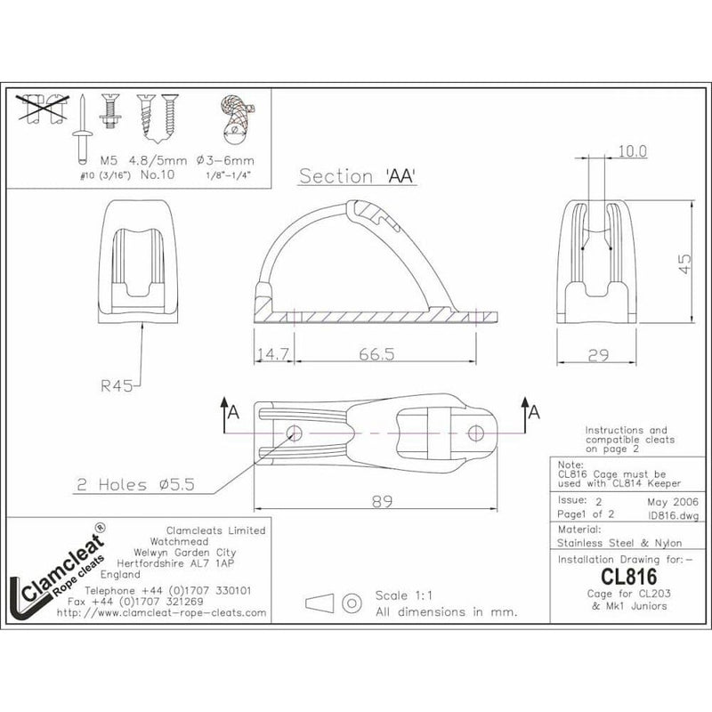 Load image into Gallery viewer, Cage Filoir de ClamCleat® pour ajustement rapide des cordages à 70°, avec chaumard arrière en acier inoxydable, idéale pour la voile légère.
