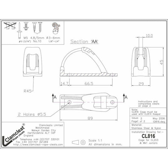 Cage Filoir de ClamCleat® pour ajustement rapide des cordages à 70°, avec chaumard arrière en acier inoxydable, idéale pour la voile légère.