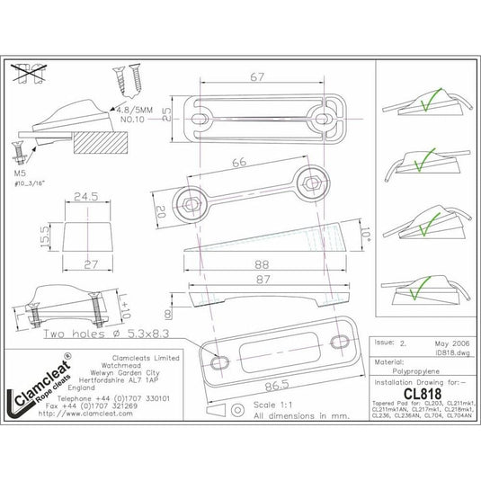 Cale Inclinée ClamCleat® CL203/CL211/CL217/CL218/CL236 pour alignement précis du cordage, inclinable à 10 ou 20 degrés, avec plaque de soutien incluse.