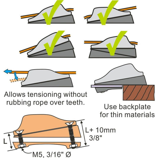 Cale Inclinée ClamCleat® pour alignement optimal des taquets CL203/CL211/CL217/CL218/CL236, ajustable à 10 ou 20 degrés, avec plaque de soutien sous pont.