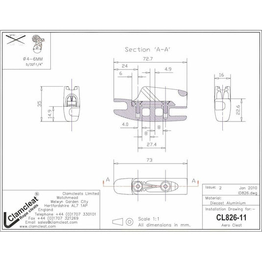 Aero Base avec Clam-Cleat CL211Mk2, un taquet aluminium compact pour cordages de 4 à 6 mm, idéal pour équipements nautiques et structures légères.