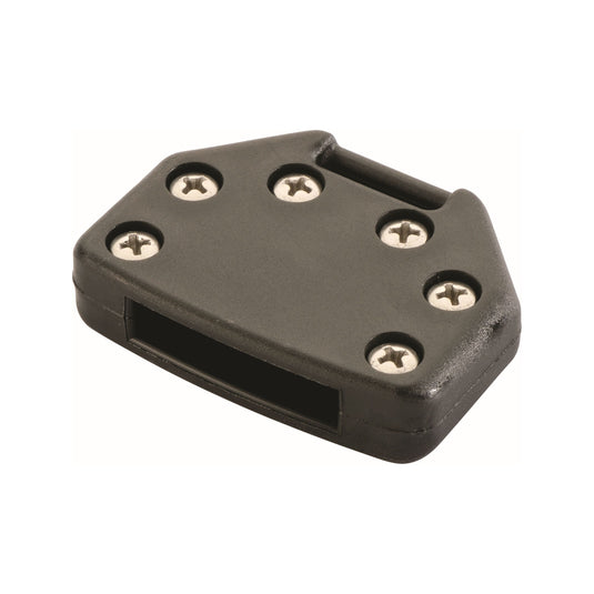 Embout de Latte Noir avec Passage de Sangle, support moulé en plastique noir avec vis, conçu pour sangle jusqu'à 25mm, idéal pour montages nautiques spécialisés.