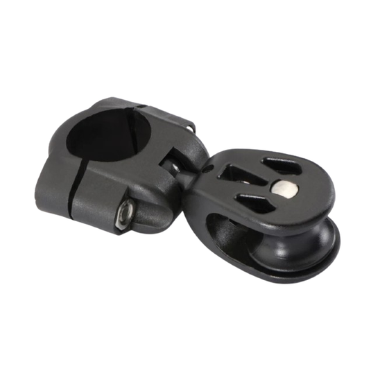 Renvoi de Chandelier ø27mm avec axe démontable, intégrant une poulie en composite et mâchoire nylon, pour fixation sur chandelier ø25mm, idéal pour voile légère.