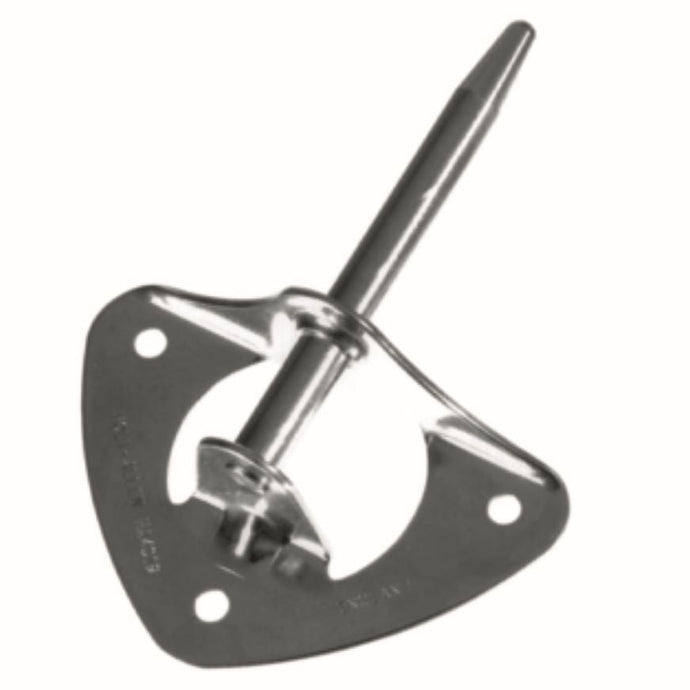 Aiguillot Tableau Inox ø08mm 3 trous sur support en V, fixé par trois vis de 4mm, destiné à l'équipement de dériveurs et catamarans.