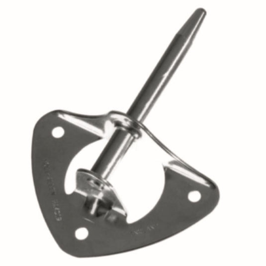 Aiguillot Tableau Inox ø08mm 3 trous sur support en V, fixé par trois vis de 4mm, destiné à l'équipement de dériveurs et catamarans.