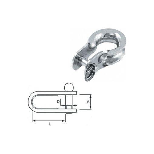 Manille de Gréement pour Drisse: assemblage en acier inoxydable avec mécanisme à goupille et anneau. Dessin dimensionné montrant longueur, ouverture de mâchoire, diamètre de l'axe.
