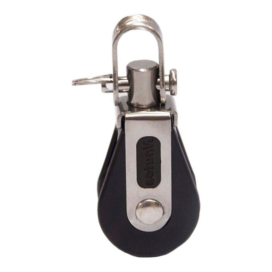 Poulie Simple ø28mm avec émerillon, conçue pour les réglages fins sur dériveurs, offrant simplicité et performance pour la voile légère.